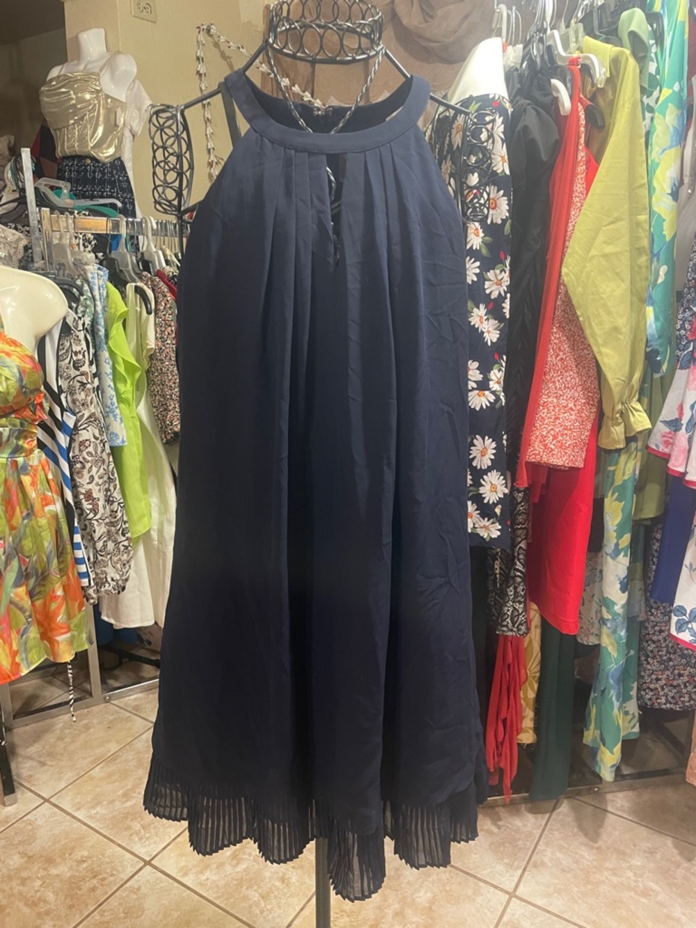 Vince Camuto Navy Pleated-Hem A-Line Skirt